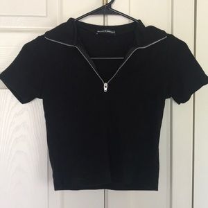 Black Quarter Zip Short Sleeve Crop Top